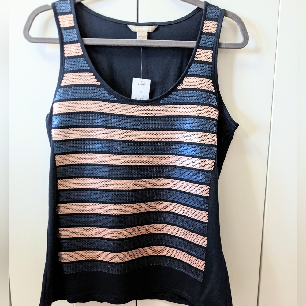 BANANA REPUBLIC, striped sequin tank top, navy and gold, Size Medium.